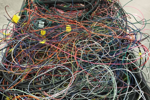 bundle of electrical wiring on a shop cart