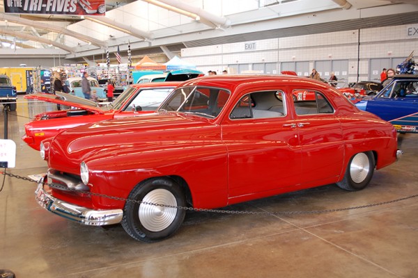 red ford shoebox sedan on display