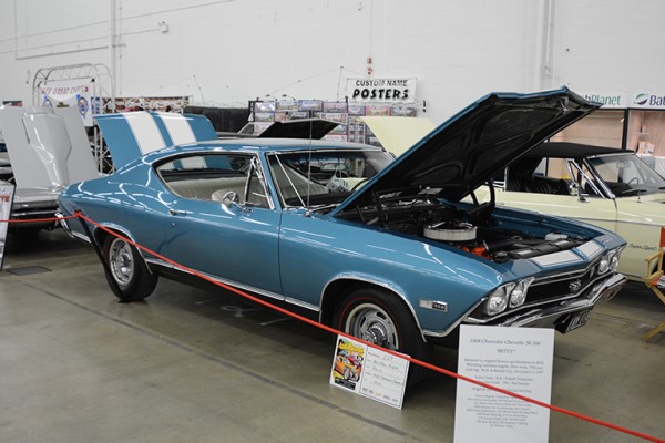 blue chevy chevelle ss muscle car at indoor car show