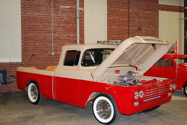 vintage two-tone ford truck at indoor car show