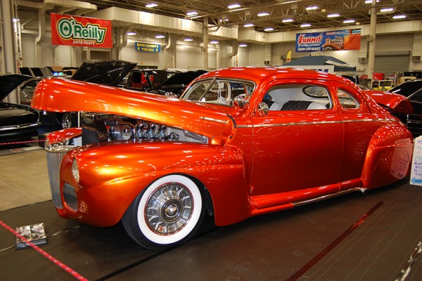 customized business coupe hot rod at indoor car show