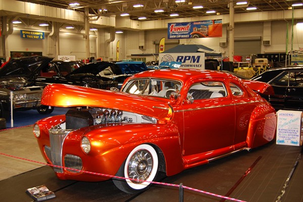 custom hot rod business coupe at indoor car show
