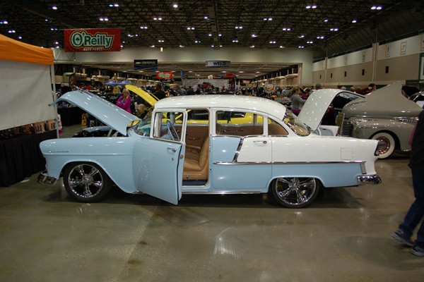 lowered 1955 chevy tri five at indoor car show