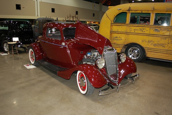 vintage ford 3 window hot rod at indoor car show