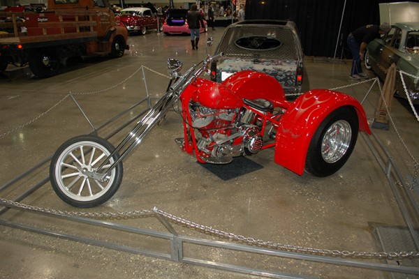 vintage v-twin trike at indoor car show