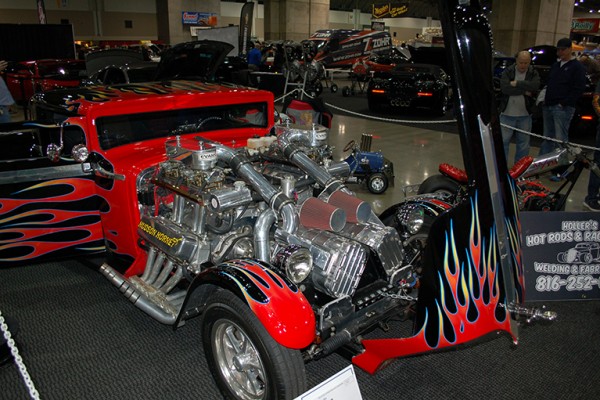 twin engine hot rod dragster at indoor car show