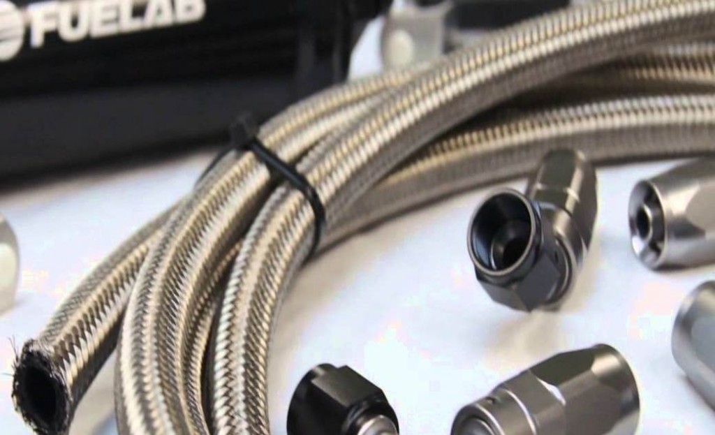 close up of braided stainless steel fuel line