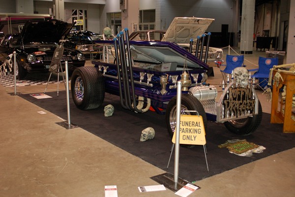 coffin themed hot rod at car show