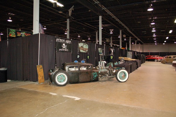 hot rod and display booths at car show