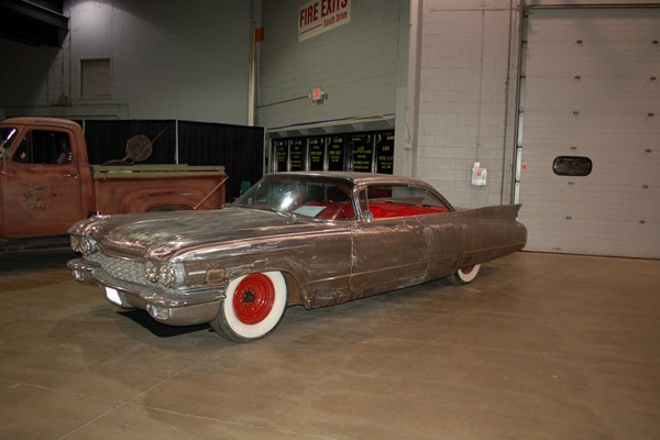 lowered Cadillac custom coupe in bare metal
