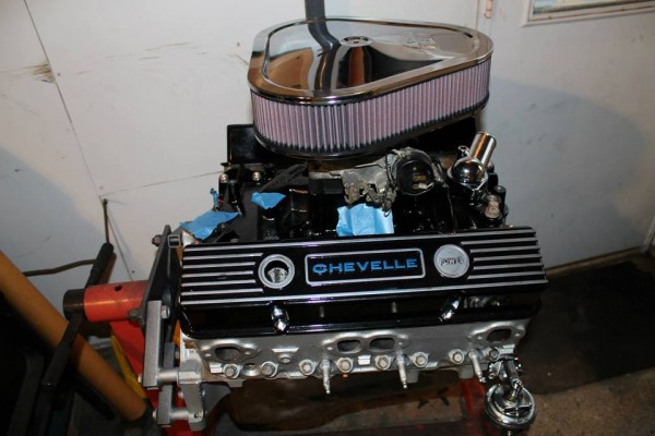 blue 1968 chevelle engine on stand
