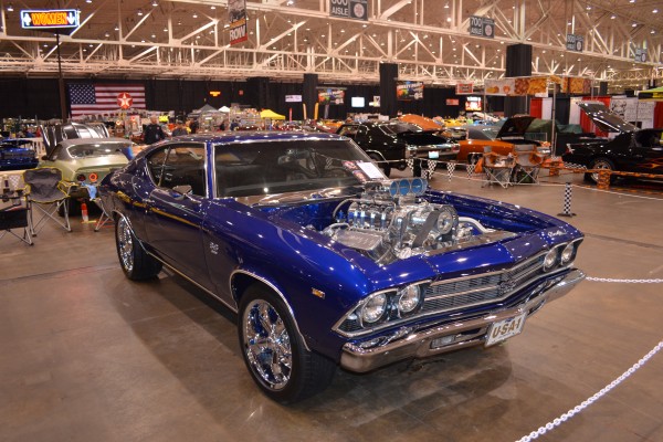 supercharged engine in a second gen chevy Chevelle muscle car