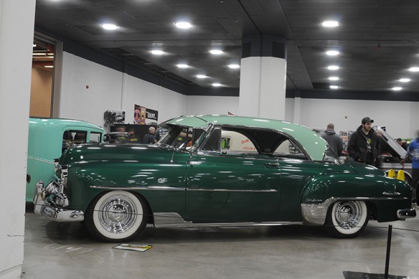green vintage postwar chevy coupe