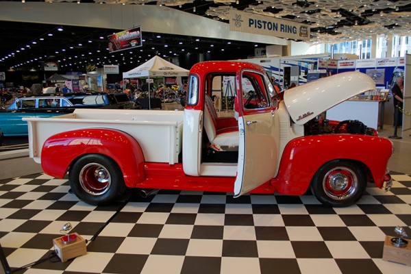 vintage gmc pickup truck at indoor car show