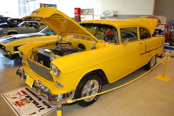 1955 chevy hot rod at indoor car show