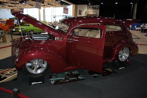 custom business coupe hot rod at indoor car show