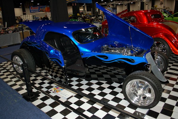 customized blue ford hot rod show car
