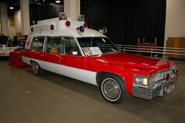 vintage cadillac ambulance at car show