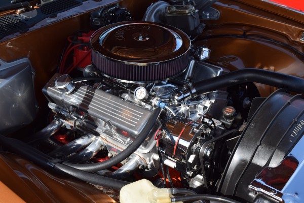 small block chevy engine in a muscle car
