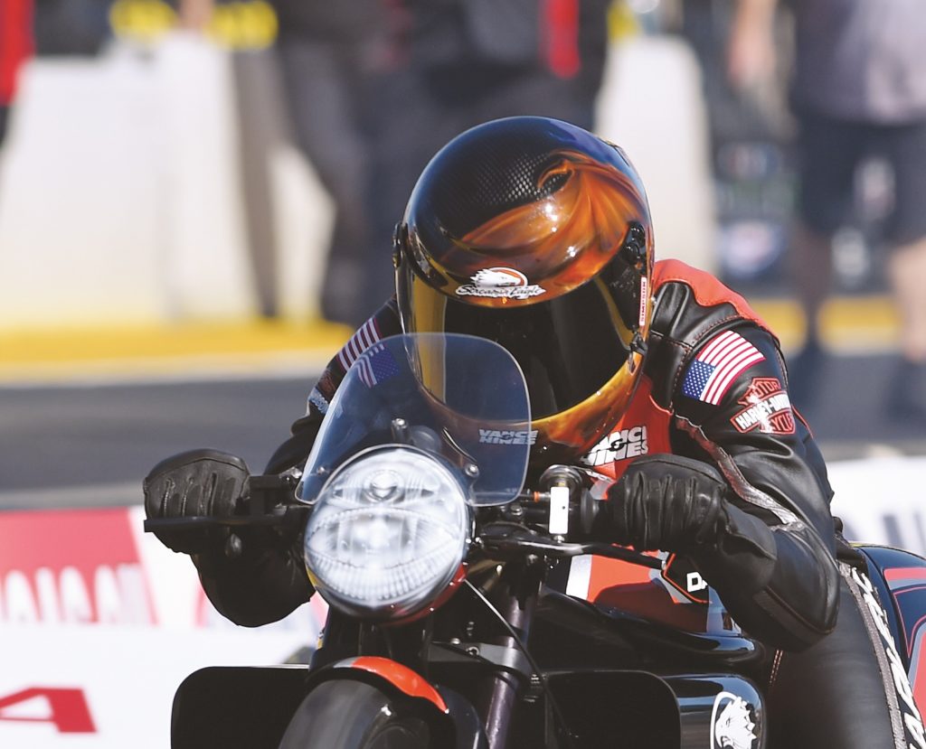 close up of helmet on an nhra pro stock motorcycle racer