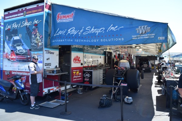 tim wilkerson's nhra funny car pit area and race trailer