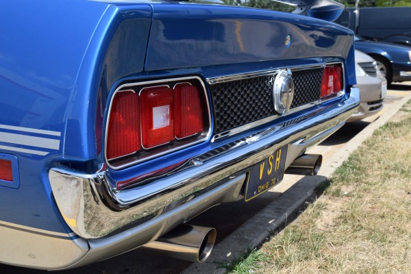 rear valence panel on a blue 1972 ford mustang mach 1 convertible