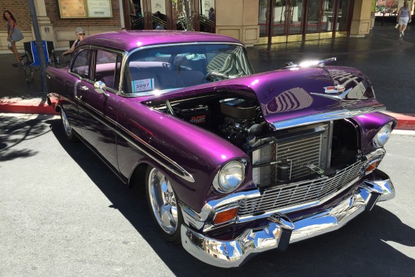 purple custom 1956 chevy coupe at Hot August Nights 2016