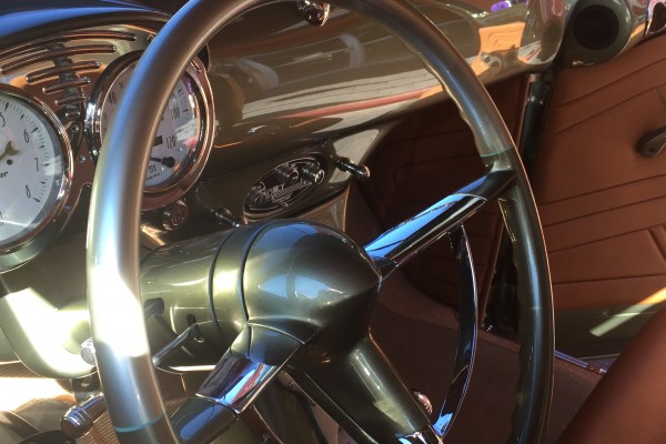 steering wheel and gauges in a customized 1948 chevy pickup