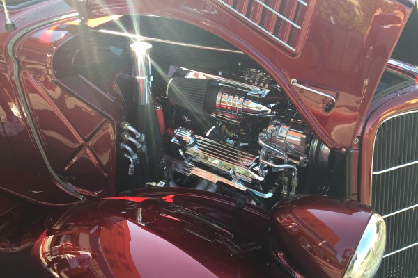 engine inside a custom 1935 ford at 2016 Hot August Nights