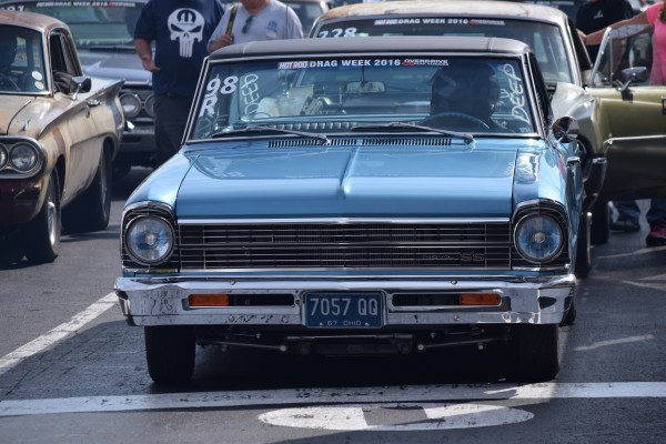 1967 chevy 2 nova ss in staging lanes at dragstrip