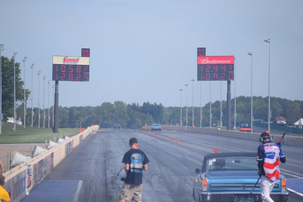 timing scoreboard at summit motorsports park after a drag race