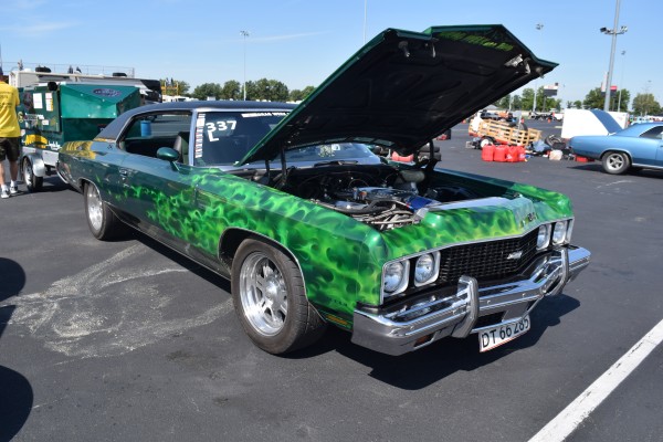 full size chevy coupe drag car with flames