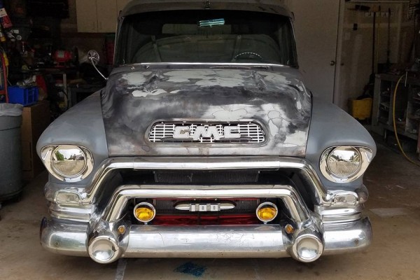 front grille view of a 1956 gmc pickup truck
