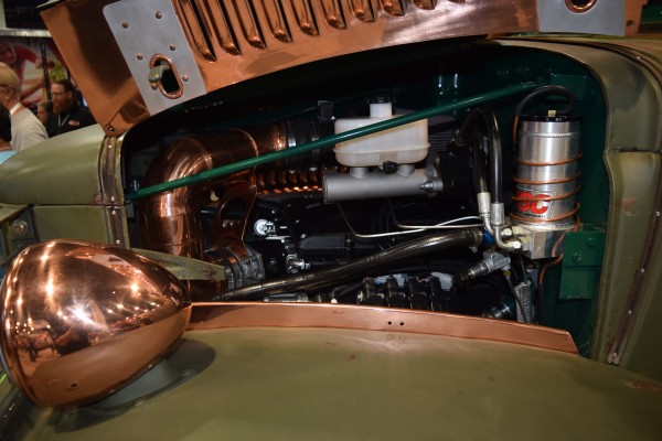 engine inside a restomod dodge power wagon on display at SEMA 2016