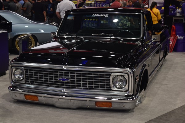lowered chevy c10 pickup truck on display at SEMA 2016