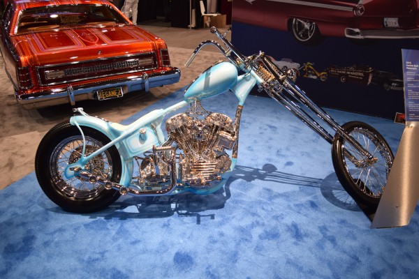 vintage hardtail chopper motorcycle on display at SEMA 2016