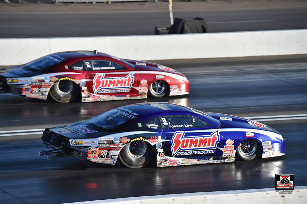 greg anderson and jason line racing side by side in nhra pro stock summit racing camaros