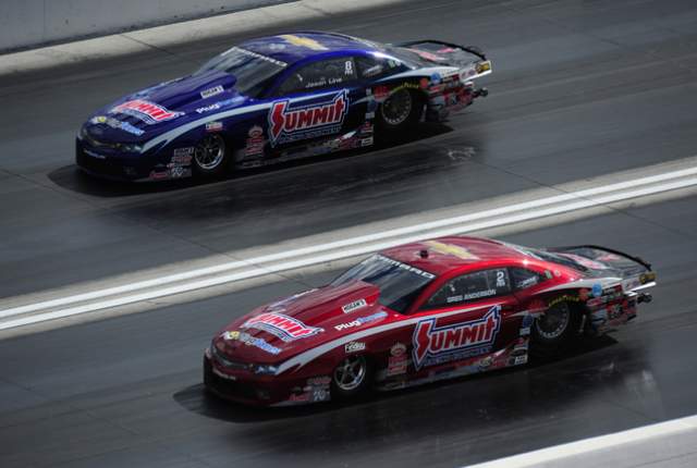 jason line and gre anderson nhra pro stock camaros side by side on track