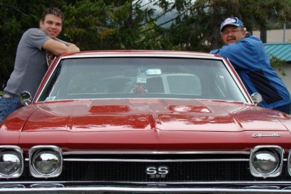 father and son with vintage 1968 chevy chevelle ss 396