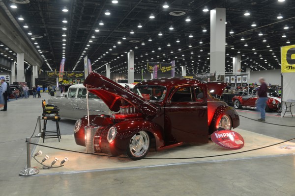 willys hotrod coupe at indoor car show