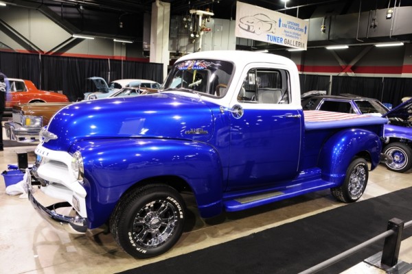 customized blue and white chevy 3100 pickup truck