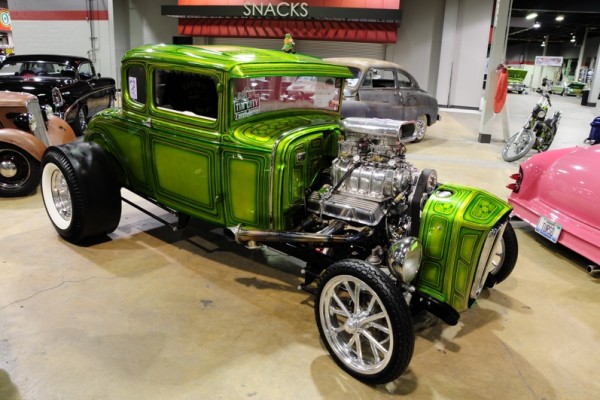 green ford hot rod with supercharged engine at 2017 Chicago World of Wheels