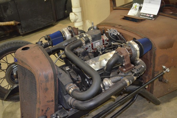 twin turbo v8 engine in a rat rod ford