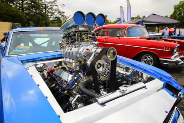 supercharged engine and blower on a hotrod