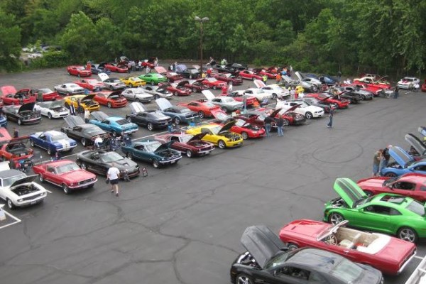 overhead view of a large car show meet