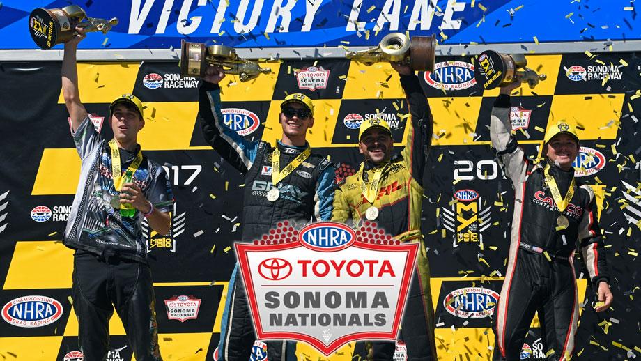 NHRA Pro Stock Point Standings 1. Bo Butner 1,240 2. Greg Anderson 1,066 3. Tanner Gray 976 4. Jason Line 931 5. Jeg Coughlin 888 NHRA Funny Car Point Standings 1. Ron Capps 1,244 2. Matt Hagan 1,058 3. Robert Hight 973 4. Jack Beckman 970 5. Tommy Johnson Jr. 925 NHRA Top Fuel Point Standings 1. Steve Torrence 1,253 2. Antron Brown 1,199 3. Leah Pritchett 1,183 4. Tony Schumacher 974 5. Doug Kalitta 873 NHRA Pro Stock Motorcycle Point Standings 1. LE Tonglet 658 2. Eddie Krawiec 584 3. Hector Arana Jr. 483 4. Scotty Pollacheck 455 5. Jerry Savoie 453 Drag Race Central and NHRA contributed to this report.