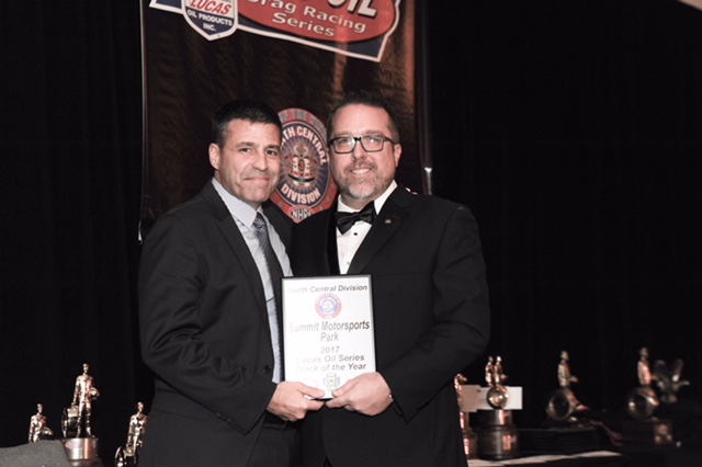 Bill Bader Jr. accepts award for Summit Motorsports Park from NHRA