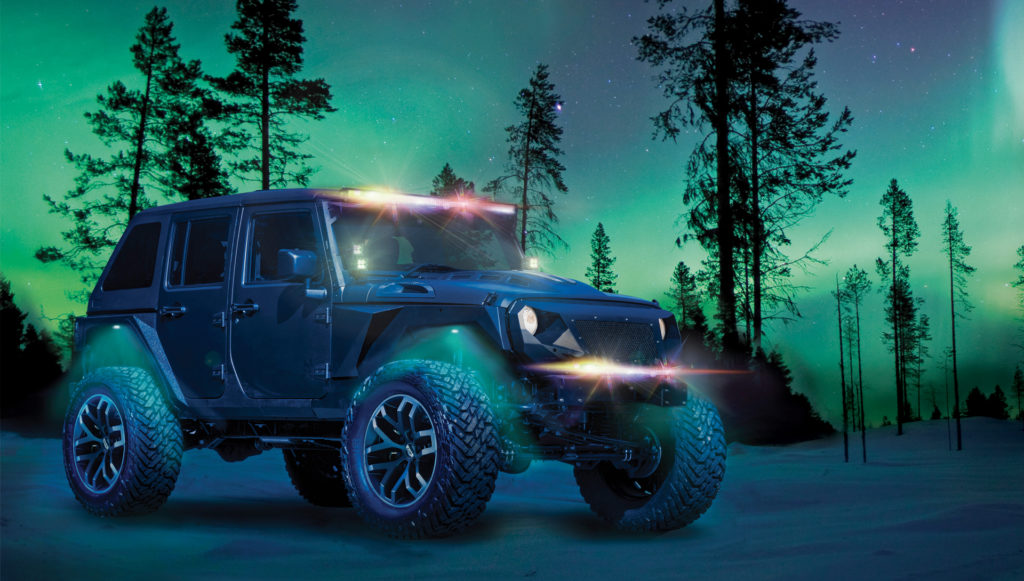 jeep with hella lights in woods during northern lights
