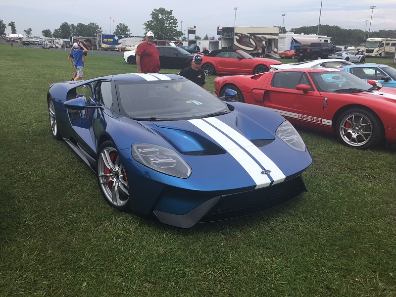 Blue Ford GT with white racing stripes