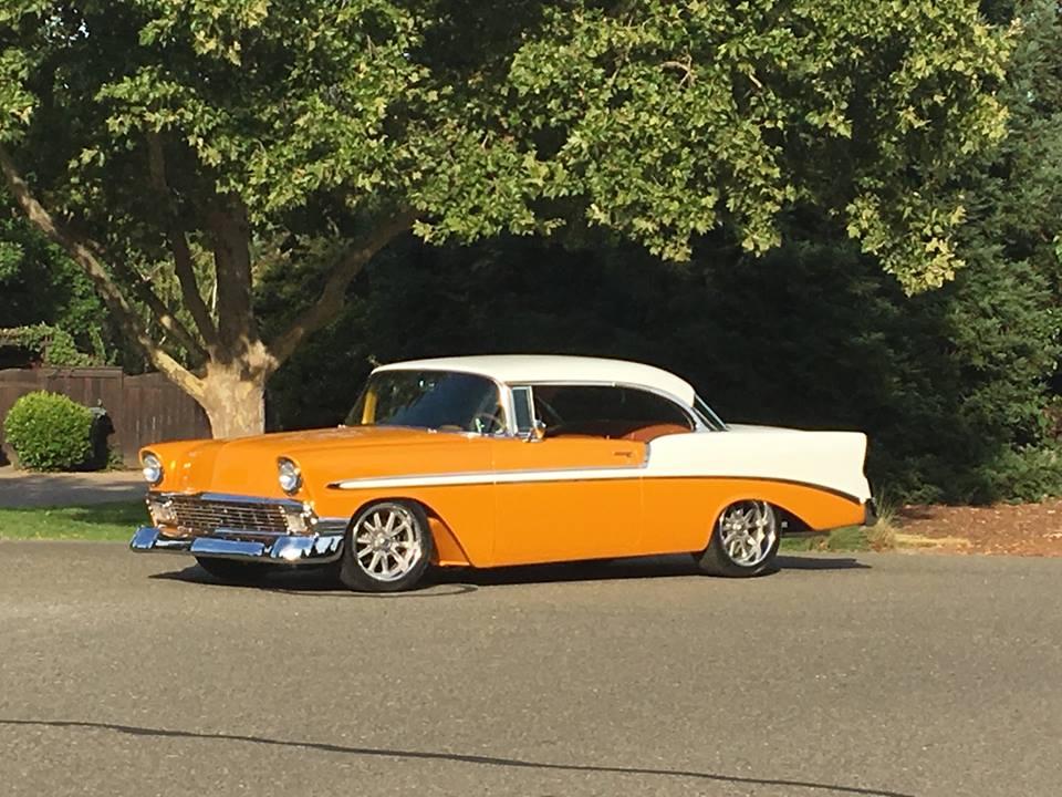 1956 chevy bel air coupe, orange and white